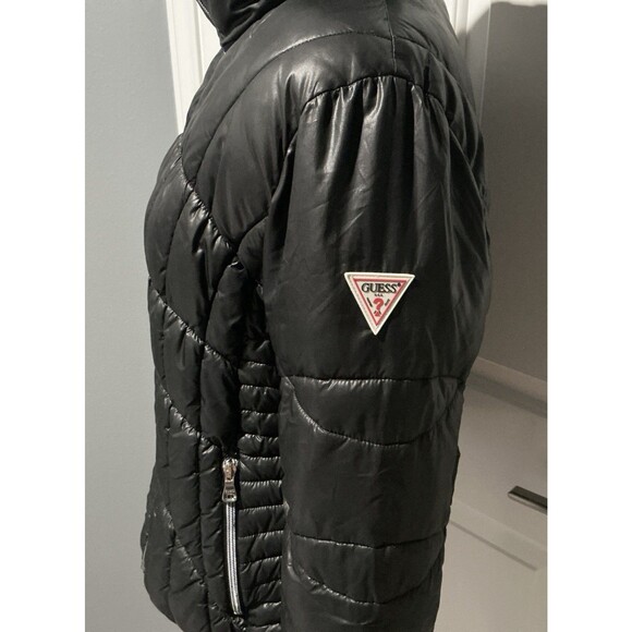 GUESS Coat Quilted Puffer Jacket Zipper Logo Black Women’s Size L - Picture 2 of 7